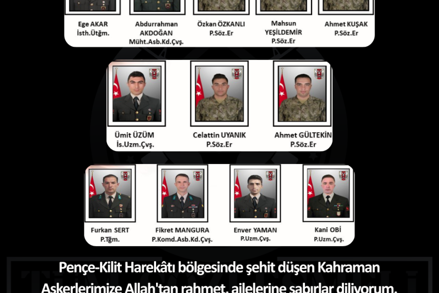 Pençe-Kilit Harekâtı bölgesinde şehit düşen Kahraman Askerlerimize Allah’tan rahmet, ailelerine sabırlar diliyorum. Aziz ve asil ruhları şad olsun. Milletimizin başı sağ olsun.